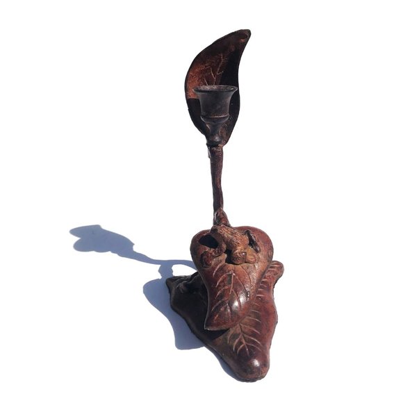 Vintage Cast Iron Frog on Leaf Candle Stick Holder